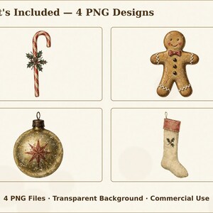 以下が含まれることがあります： What's Included &mdash; 4 PNG Designsと記された4つのデジタルイラストセット。赤と白のキャンディケインとヒイラギ、茶色のジンジャーブレッドマン、金色の質感のあるクリスマスオーナメント、クリーム色のクリスマスストッキングが描かれています。