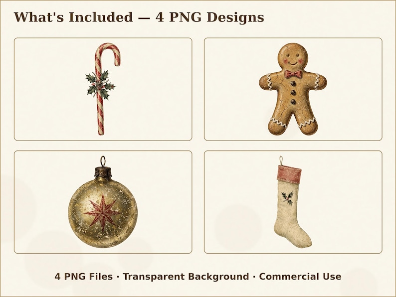 以下が含まれることがあります： What's Included &mdash; 4 PNG Designsと記された4つのデジタルイラストセット。赤と白のキャンディケインとヒイラギ、茶色のジンジャーブレッドマン、金色の質感のあるクリスマスオーナメント、クリーム色のクリスマスストッキングが描かれています。