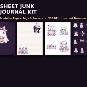 May include: 8 Sheet Junk Journal Kit featuring printable pages, tags, and pockets. The designs include a ghost with a pink bow, a cat in a witch hat, potion bottles, and various illustrations in shades of purple, pink, and white.