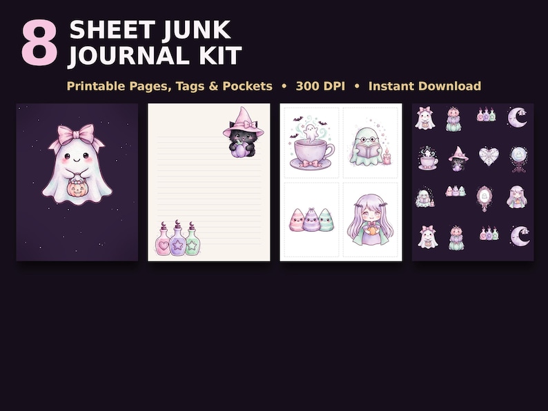 May include: 8 Sheet Junk Journal Kit featuring printable pages, tags, and pockets. The designs include a ghost with a pink bow, a cat in a witch hat, potion bottles, and various illustrations in shades of purple, pink, and white.