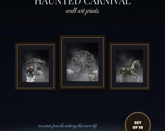Haunted Carnival Wall Art, Set of 10 Printable Prints, Dark Circus Posters, Gothic Gallery Wall, Fallen Wheel Decor, Horror Decor