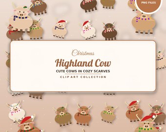 Highland Cow Christmas PNG Bundle, 30 Farmhouse Christmas Clipart, Cow in Santa Hat and Scarf, Sublimation Graphics, Instant Download