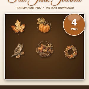 May include: A digital collection titled Fall Junk Journal featuring four transparent PNG images: a maple leaf, a pumpkin, an owl on a branch, a basket of autumn produce, and a wreath, all rendered in warm orange and brown tones.
