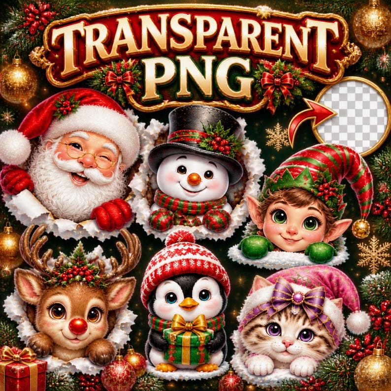 Paquete de imágenes prediseñadas navideñas Vol. 2 Parte 1 / 15 PNG transparentes / Papá Noel asomándose, muñeco de nieve, cachorro, gatito / Uso comercial imagen 3
