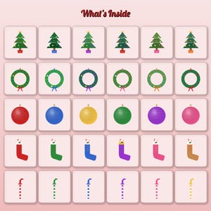 May include: A grid of icons on a light pink background with the text What's Inside at the top. The rows feature Christmas trees, wreaths, round ornaments, stockings with Santa figures, and candy canes in various colors and patterns.