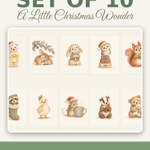 May include: A set of 10 watercolor nursery prints titled SET OF 10 A Little Christmas Wonder. The prints feature illustrations of a polar bear, deer, rabbit, owl, squirrel, raccoon, chick, mouse, badger, and bear cub in holiday attire.