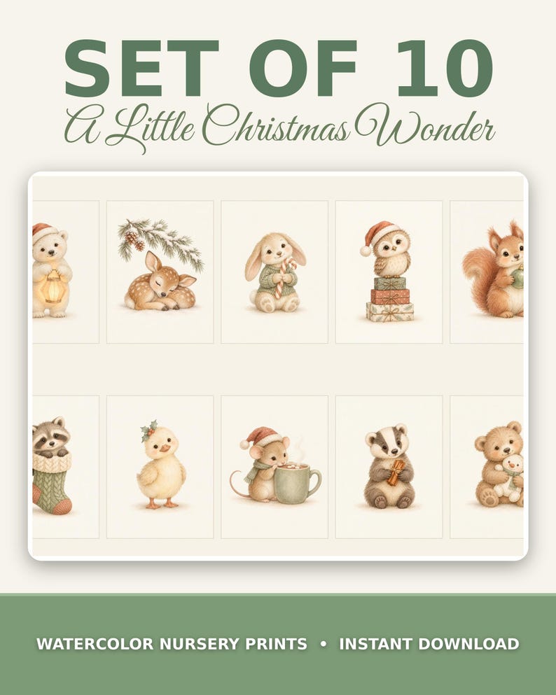 May include: A set of 10 watercolor nursery prints titled SET OF 10 A Little Christmas Wonder. The prints feature illustrations of a polar bear, deer, rabbit, owl, squirrel, raccoon, chick, mouse, badger, and bear cub in holiday attire.