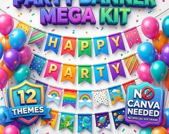 Printable Party Banner Mega Kit 12 Themes Bunting Alphabet Letters Numbers Instant Download Birthday Christmas Classroom No Canva Needed