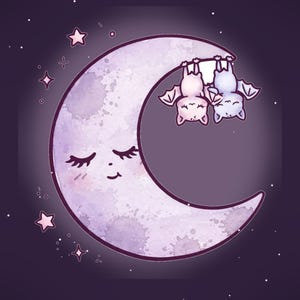 Puede incluir: Una ilustraci&oacute;n de una luna creciente morada con cara dormida, con dos peque&ntilde;os murci&eacute;lagos colgando de la curva superior, rodeada de varias estrellas de cuatro puntas de color rosa claro sobre un fondo morado oscuro.
