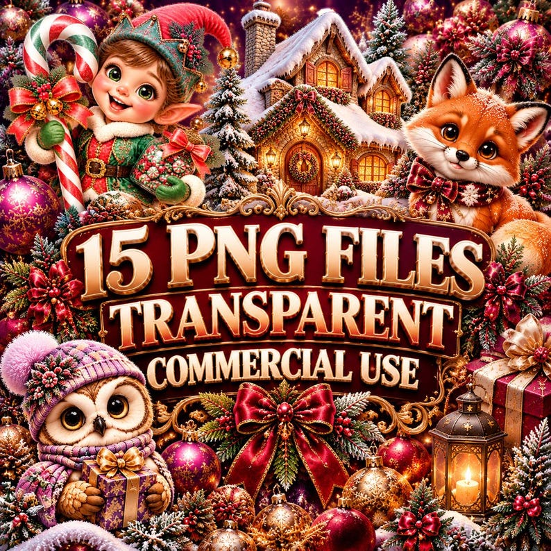 May include: A digital graphic featuring a festive elf, a fox, and an owl surrounded by Christmas decorations, a snowy house, and gifts. The text reads 15 PNG FILES TRANSPARENT COMMERCIAL USE in gold lettering against a dark red background.