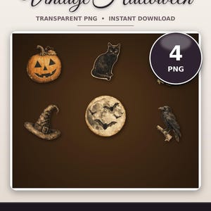 May include: A digital collection of four Halloween-themed graphics including a carved orange jack-o'-lantern, a black cat, a pointed witch hat, a full moon with flying bats, and a black crow perched on a branch, labeled Vintage Halloween.