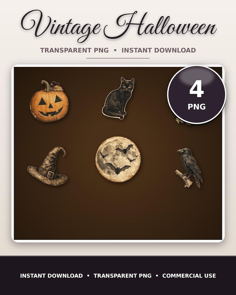 May include: A digital collection of four Halloween-themed graphics including a carved orange jack-o'-lantern, a black cat, a pointed witch hat, a full moon with flying bats, and a black crow perched on a branch, labeled Vintage Halloween.