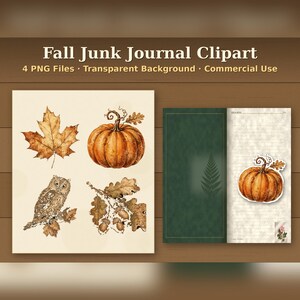May include: Digital clipart set titled Fall Junk Journal Clipart featuring four illustrations: a maple leaf, a pumpkin, an owl on a branch, and oak leaves with acorns. The set includes a preview of a lined journal page with a pumpkin sticker.