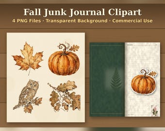 May include: Digital clipart set titled Fall Junk Journal Clipart featuring four illustrations: a maple leaf, a pumpkin, an owl on a branch, and oak leaves with acorns. The set includes a preview of a lined journal page with a pumpkin sticker.