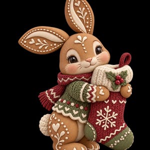 Puede incluir: Una figura de conejo marr&oacute;n con patrones blancos estilo glaseado en las orejas y el cuerpo, vistiendo un su&eacute;ter y bufanda de punto verde y rojo. El conejo sostiene un calcet&iacute;n navide&ntilde;o de punto rojo y verde con un copo de nieve blanco.