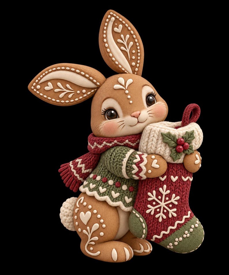 Puede incluir: Una figura de conejo marr&oacute;n con patrones blancos estilo glaseado en las orejas y el cuerpo, vistiendo un su&eacute;ter y bufanda de punto verde y rojo. El conejo sostiene un calcet&iacute;n navide&ntilde;o de punto rojo y verde con un copo de nieve blanco.