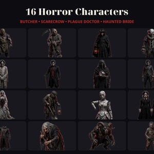 K&ouml;nnte beinhalten: Ein Raster aus 16 Horror-Charakter-Illustrationen mit der &Uuml;berschrift 16 Horror Characters und dem Untertext Butcher, Scarecrow, Plague Doctor, Haunted Bride. Die Figuren zeigen verschiedene dunkle, makabre Wesen.