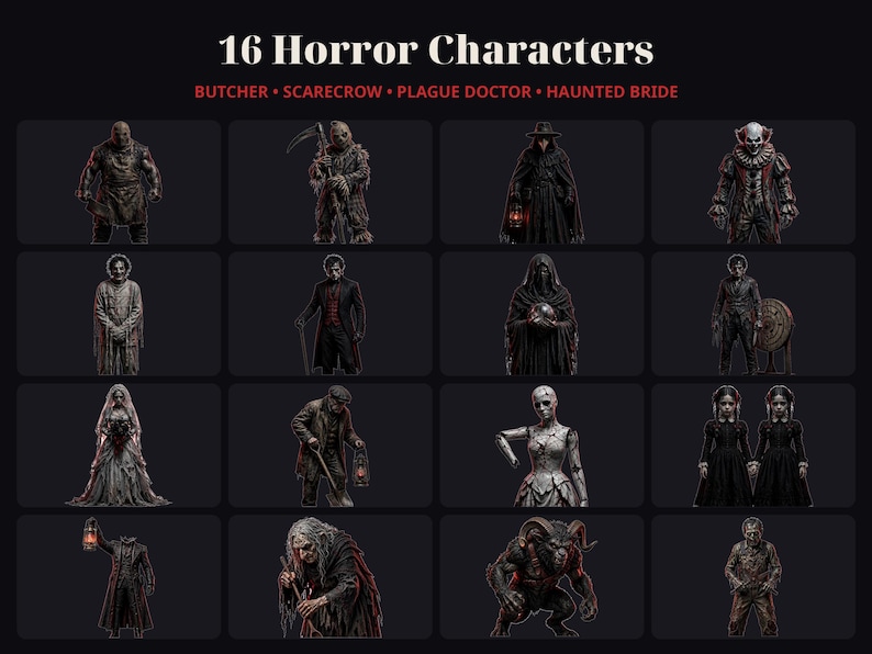 K&ouml;nnte beinhalten: Ein Raster aus 16 Horror-Charakter-Illustrationen mit der &Uuml;berschrift 16 Horror Characters und dem Untertext Butcher, Scarecrow, Plague Doctor, Haunted Bride. Die Figuren zeigen verschiedene dunkle, makabre Wesen.