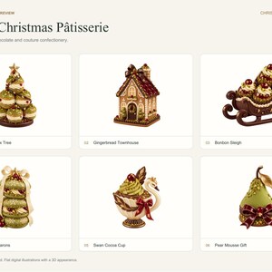 May include: A collection of six Christmas-themed confectionery ornaments titled Velvet Christmas P&acirc;tisserie, featuring a Pistachio Choux Tree, Gingerbread Townhouse, Bonbon Sleigh, Snowflake Macarons, Swan Cocoa Cup, and a Pear Mousse Gift.