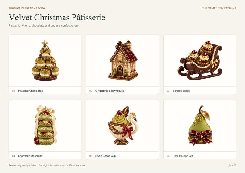 May include: A collection of six Christmas-themed confectionery ornaments titled Velvet Christmas P&acirc;tisserie, featuring a Pistachio Choux Tree, Gingerbread Townhouse, Bonbon Sleigh, Snowflake Macarons, Swan Cocoa Cup, and a Pear Mousse Gift.