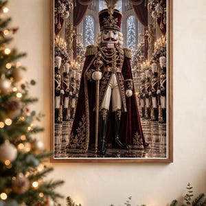 May include: A framed wall art print depicting a central nutcracker figure in a tall red hat, ornate red velvet coat with gold embroidery, white trousers, and black boots, holding a staff, surrounded by a line of smaller nutcracker soldiers.
