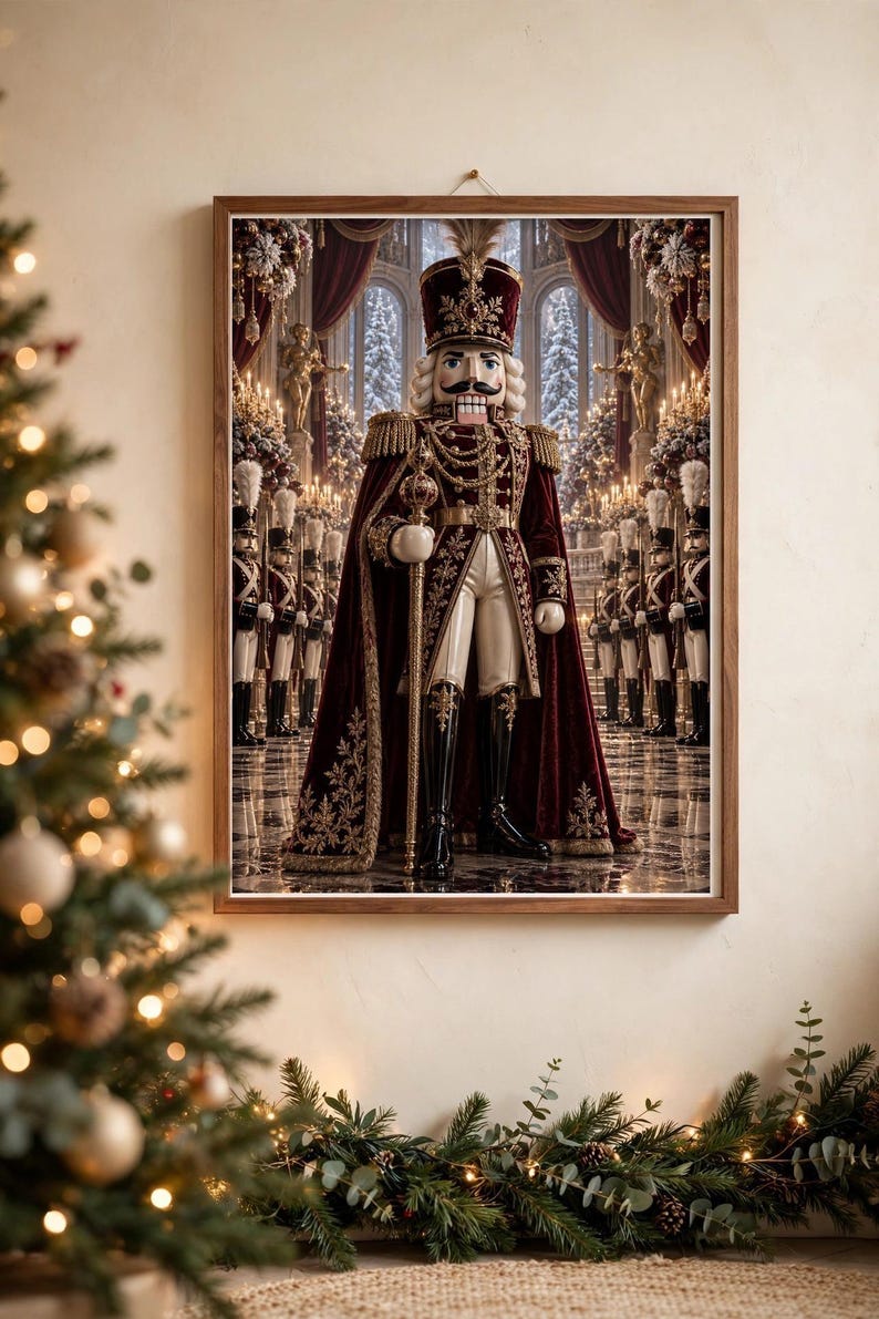 May include: A framed wall art print depicting a central nutcracker figure in a tall red hat, ornate red velvet coat with gold embroidery, white trousers, and black boots, holding a staff, surrounded by a line of smaller nutcracker soldiers.