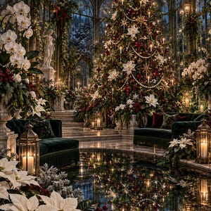 K&ouml;nnte beinhalten: Ein gro&szlig;er, geschm&uuml;ckter Weihnachtsbaum steht nachts in einem verglasten Wintergarten, dekoriert mit wei&szlig;en Bl&uuml;ten, roten Kugeln und Lichterketten. Zwei dunkelgr&uuml;ne Samtsofas, beleuchtete Laternen und wei&szlig;e Weihnachtssterne umgeben ein Wasserbecken.