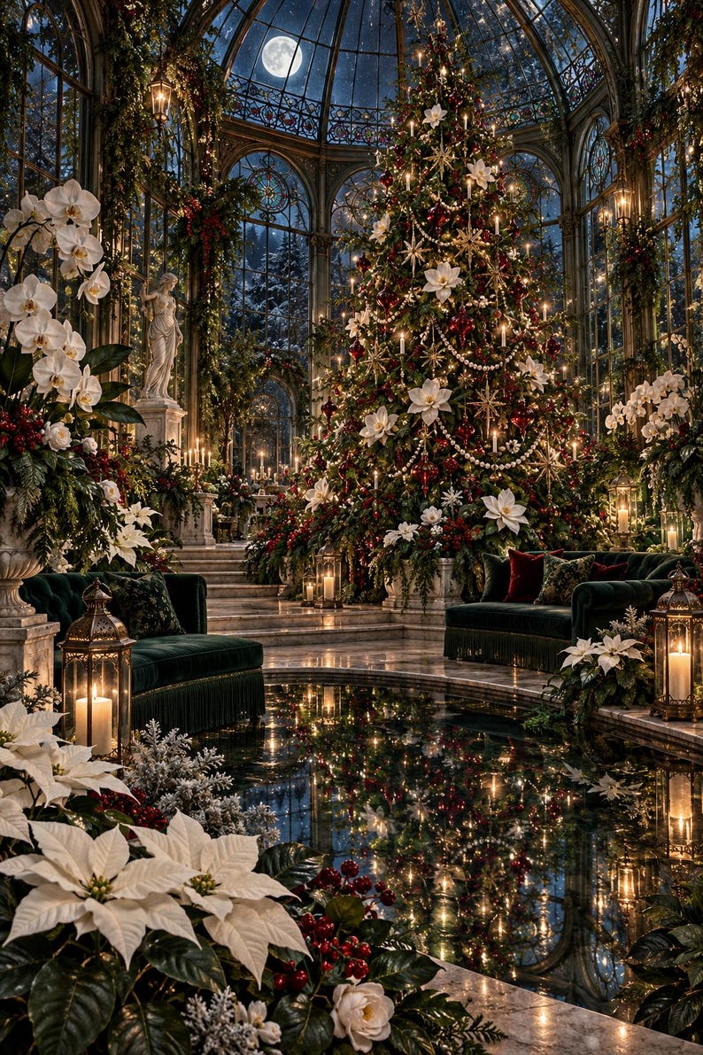 K&ouml;nnte beinhalten: Ein gro&szlig;er, geschm&uuml;ckter Weihnachtsbaum steht nachts in einem verglasten Wintergarten, dekoriert mit wei&szlig;en Bl&uuml;ten, roten Kugeln und Lichterketten. Zwei dunkelgr&uuml;ne Samtsofas, beleuchtete Laternen und wei&szlig;e Weihnachtssterne umgeben ein Wasserbecken.