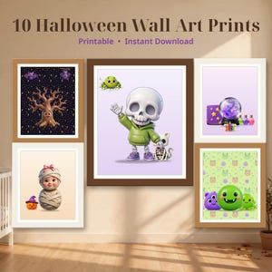 May include: A collection of 10 Halloween wall art prints featuring various illustrations including a smiling tree, a skeleton in a green hoodie, a mummy, a crystal ball, and colorful monsters. The text reads 10 Halloween Wall Art Prints.