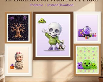 May include: A collection of 10 Halloween wall art prints featuring various illustrations including a smiling tree, a skeleton in a green hoodie, a mummy, a crystal ball, and colorful monsters. The text reads 10 Halloween Wall Art Prints.