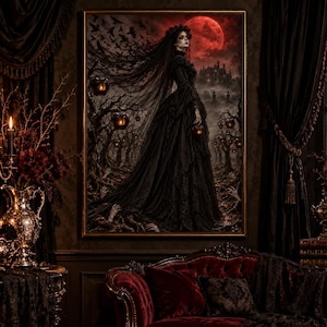 May include: A framed wall art print depicting a figure in a long black gown standing in a dark forest under a large red moon. The scene includes bare trees, flying birds, and a distant castle, all rendered in a dark, moody color palette.