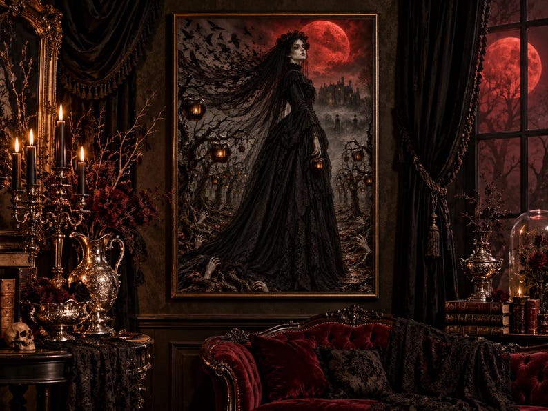 May include: A framed wall art print depicting a figure in a long black gown standing in a dark forest under a large red moon. The scene includes bare trees, flying birds, and a distant castle, all rendered in a dark, moody color palette.