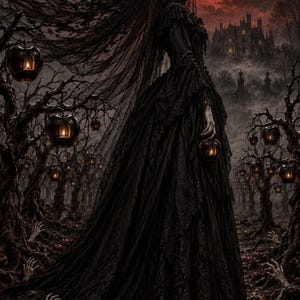 May include: A figure in a long, black lace gown and veil stands in a dark orchard. The trees feature glowing apple-shaped lanterns. A large red moon hangs in the sky above a distant castle, while pale hands emerge from the ground below.