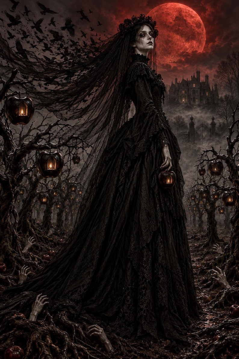May include: A figure in a long, black lace gown and veil stands in a dark orchard. The trees feature glowing apple-shaped lanterns. A large red moon hangs in the sky above a distant castle, while pale hands emerge from the ground below.