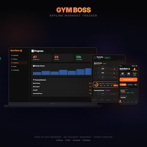 Könnte beinhalten: Eine digitale Benutzeroberfläche für den Gym Boss Offline-Workout-Tracker, dargestellt auf einem Laptop, Tablet und Smartphone. Das dunkle Design mit orangefarbenen und blauen Akzenten zeigt Fortschrittsdiagramme und Trainingsprotokolle.