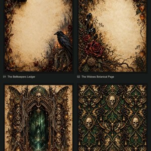 May include: Four junk journal art designs titled The Midnight Reliquary. Designs include The Bellkeepers Ledger with a raven and bell, The Widows Botanical Page with roses and crystals, The Crypt Archive with a gothic arch, and Midnight Moth Wallpaper.