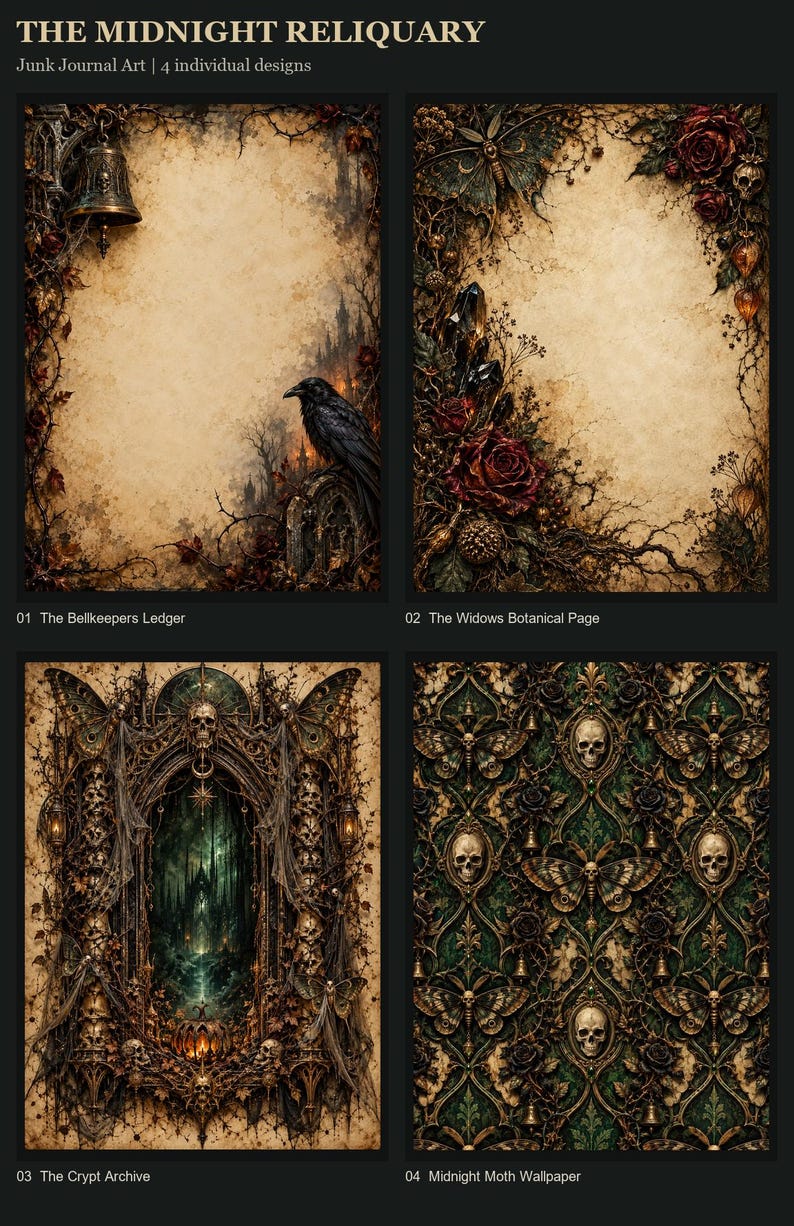 May include: Four junk journal art designs titled The Midnight Reliquary. Designs include The Bellkeepers Ledger with a raven and bell, The Widows Botanical Page with roses and crystals, The Crypt Archive with a gothic arch, and Midnight Moth Wallpaper.