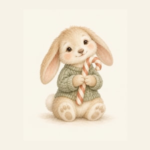 May include: A light brown rabbit with long ears wearing a sage green cable-knit sweater. The rabbit is sitting upright and holding a red and white striped candy cane with both paws. The illustration features soft fur textures and a cream background.