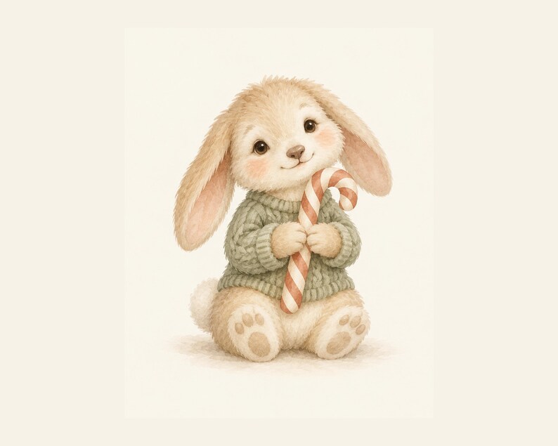May include: A light brown rabbit with long ears wearing a sage green cable-knit sweater. The rabbit is sitting upright and holding a red and white striped candy cane with both paws. The illustration features soft fur textures and a cream background.