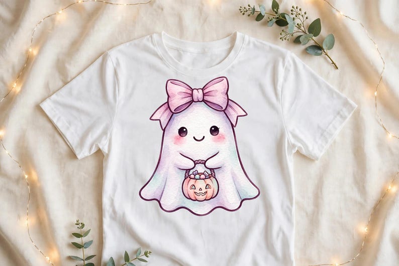 May include: A white short-sleeved t-shirt featuring a central graphic of a small, smiling ghost with rosy cheeks. The ghost wears a large light pink bow on its head and holds a small orange jack-o'-lantern bucket filled with candy.