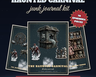 Haunted Carnival Junk Journal Kit Printable, Dark Circus Ephemera, Gatefold Folio Kit, Fussy Cuts, Tags and Tickets, 300 DPI