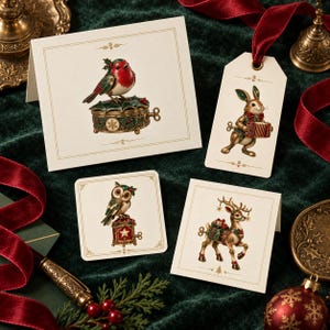 May include: A set of four cream-colored paper stationery items featuring illustrations of a robin on a music box, a rabbit playing an accordion, an owl on a lantern, and a reindeer, each with a wind-up key and festive holiday details.