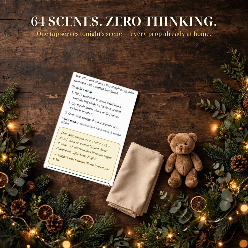 May include: A white instruction card titled 64 SCENES. ZERO THINKING. with text about a sleepover setup, a folded beige cloth, and a brown plush teddy bear. The card includes a note to Mia from Jingles the elf about Christmas magic.