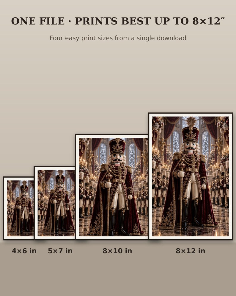May include: Digital art print of a nutcracker in a grand hall, featuring text: ONE FILE &middot; PRINTS BEST UP TO 8x12&rdquo;. Four framed versions are shown with labels: 4x6 in, 5x7 in, 8x10 in, and 8x12 in. The nutcracker wears a red velvet coat and gold trim.