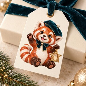 May include: A rectangular gift tag featuring a red panda illustration. The red panda wears a dark teal velvet beret and a matching bow tie, holding a gold star-shaped lantern. The tag is cream-colored with a dark teal velvet ribbon loop.