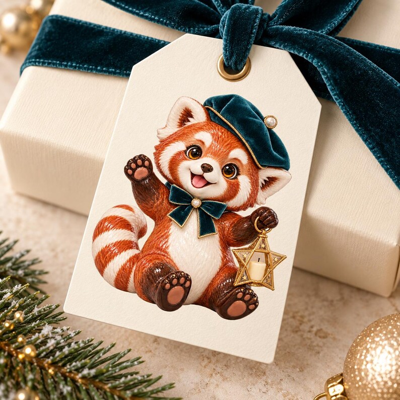 May include: A rectangular gift tag featuring a red panda illustration. The red panda wears a dark teal velvet beret and a matching bow tie, holding a gold star-shaped lantern. The tag is cream-colored with a dark teal velvet ribbon loop.