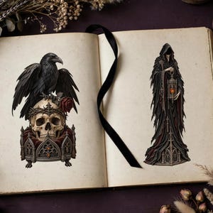 May include: An open book with a black ribbon bookmark features two illustrations. The left shows a black raven perched on a skull wearing a crown of thorns with a red rose. The right shows a hooded figure in a dark robe holding a lantern.
