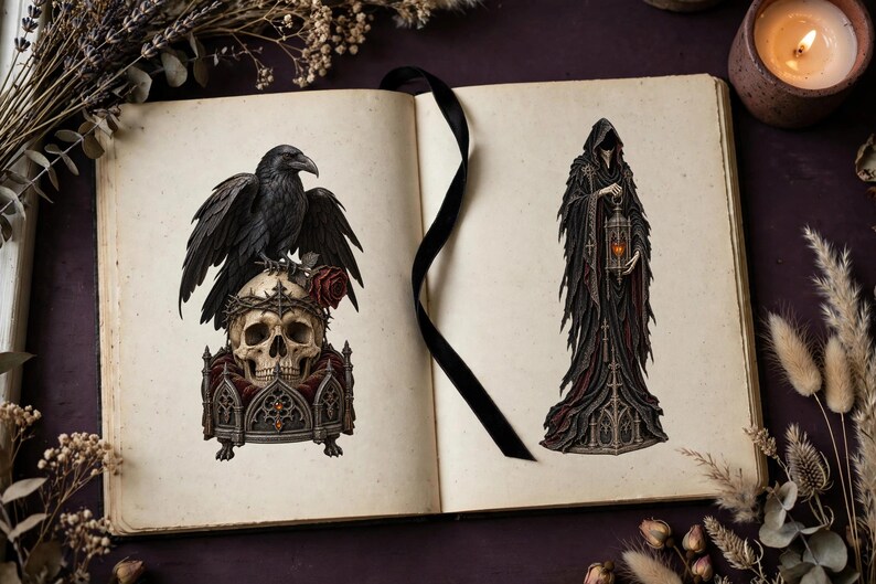 May include: An open book with a black ribbon bookmark features two illustrations. The left shows a black raven perched on a skull wearing a crown of thorns with a red rose. The right shows a hooded figure in a dark robe holding a lantern.
