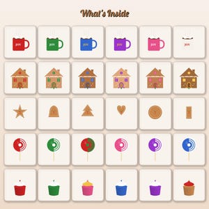 May include: A grid of icons titled What's Inside, featuring rows of mugs with the text JOY, gingerbread houses, cookies in various shapes, colorful lollipops, and cupcakes. The icons are arranged in five rows and six columns on a light background.
