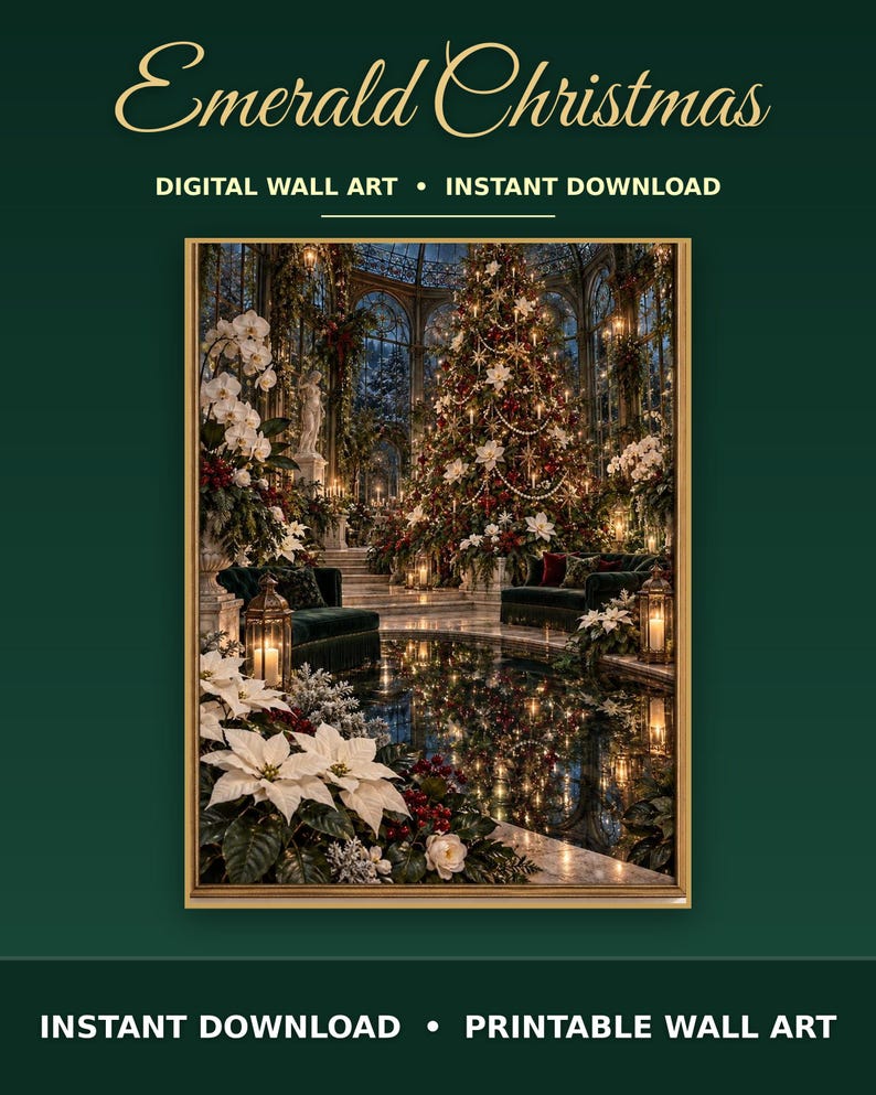 K&ouml;nnte beinhalten: Digitales Wandbild mit dem Titel Emerald Christmas zeigt einen gro&szlig;en geschm&uuml;ckten Weihnachtsbaum in einem Wintergarten mit wei&szlig;en Weihnachtssternen, dunkelgr&uuml;nen Samtm&ouml;beln und leuchtenden Laternen, die sich in einem Wasserbecken spiegeln.